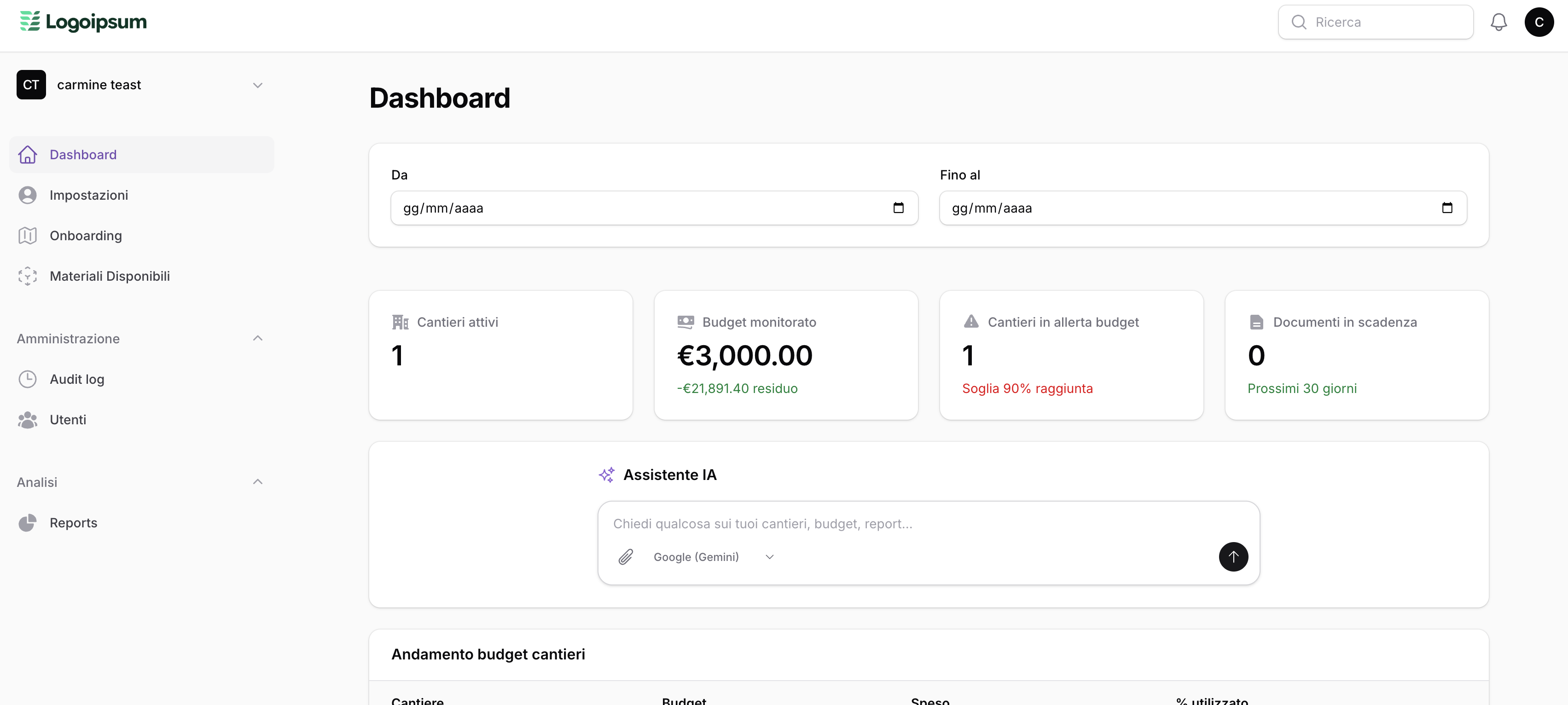 Schermata della dashboard Edilio con andamento cantieri e budget